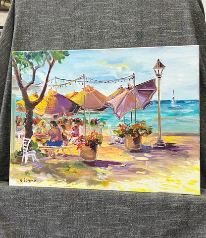 Umbrellas At Barefoot Beach Cafe - Oil Painting 24" x 18" - Honolulu Waikiki - Oahu - Hawaii