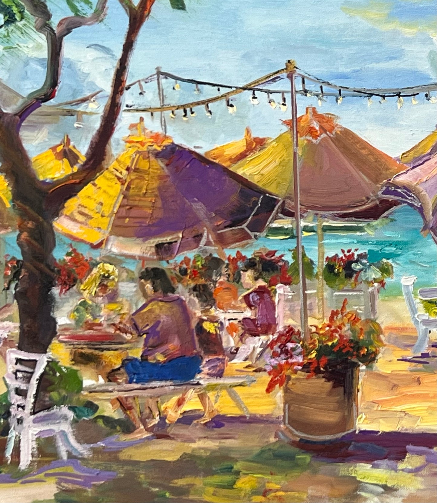 Umbrellas At Barefoot Beach Cafe - Oil Painting 24" x 18" - Honolulu Waikiki - Oahu - Hawaii