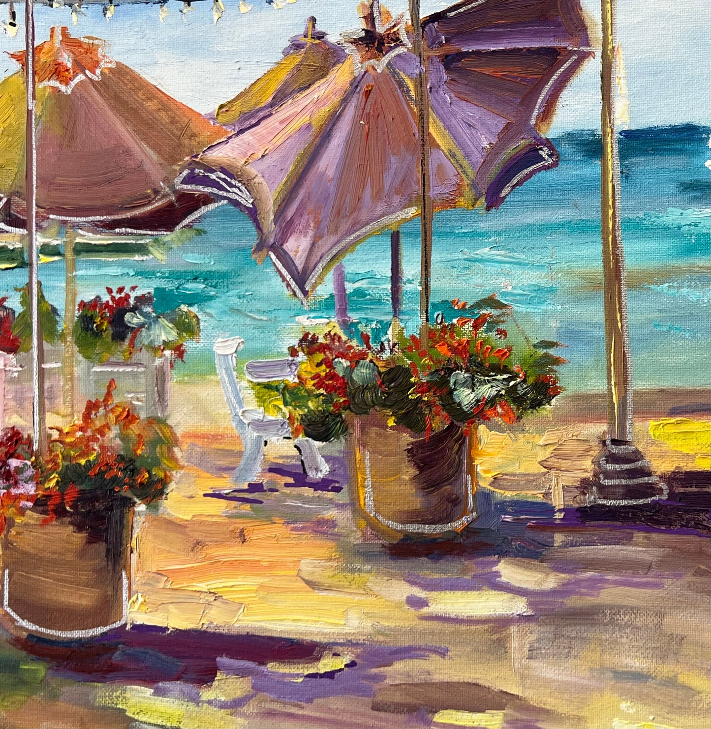 Umbrellas At Barefoot Beach Cafe - Oil Painting 24" x 18" - Honolulu Waikiki - Oahu - Hawaii