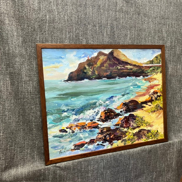 Makapuu Lighthouse & Cliff from the Beach Park - Oil Painting 20" x 16" - Honolulu Windward - Oahu - Hawaii
